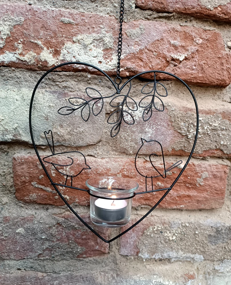 Kovové srdce s ptáčky na čajovou svíčku