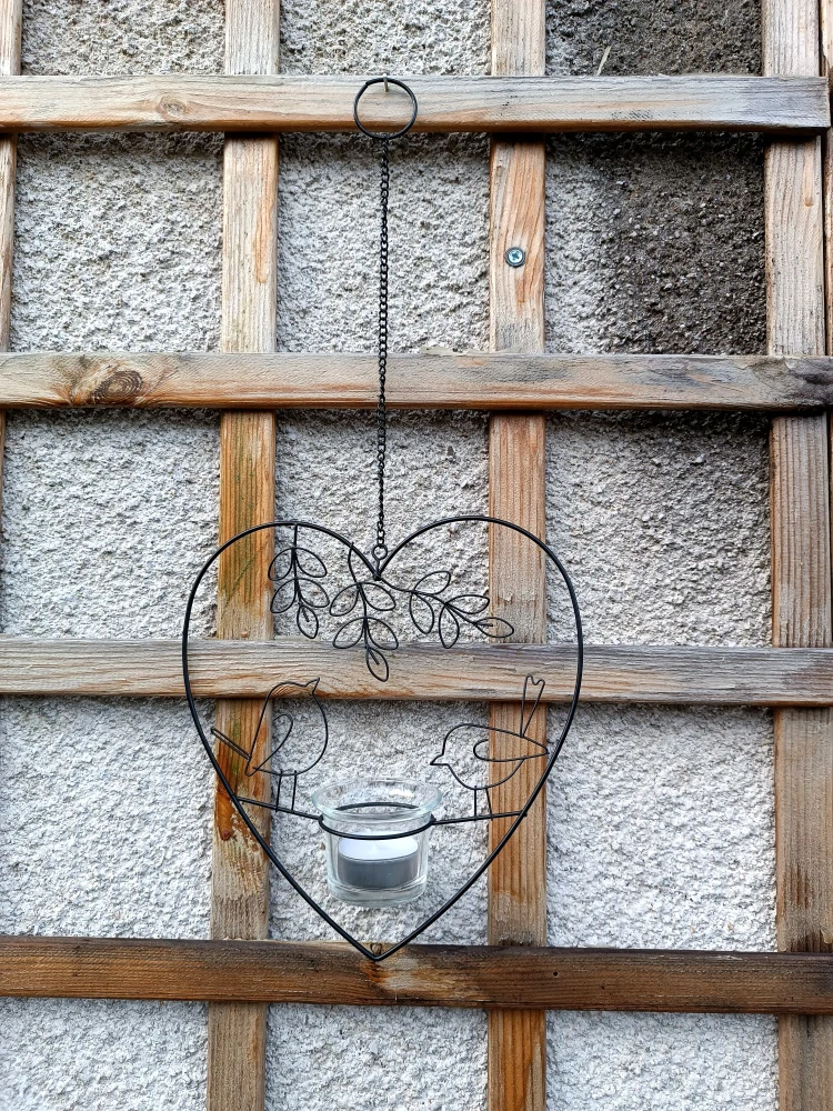 Kovové srdce s ptáčky na čajovou svíčku