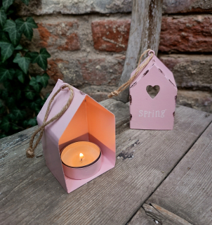 Plechový domeček na čajovou svíčku / růžový 
